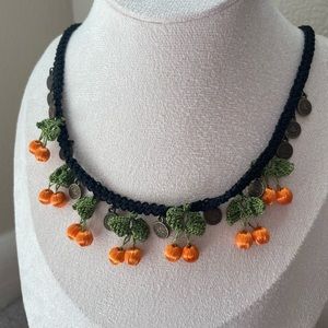 Crochet Cherry Necklace with Mini Copper Coin Charms, Fruit Jewelry, Orange